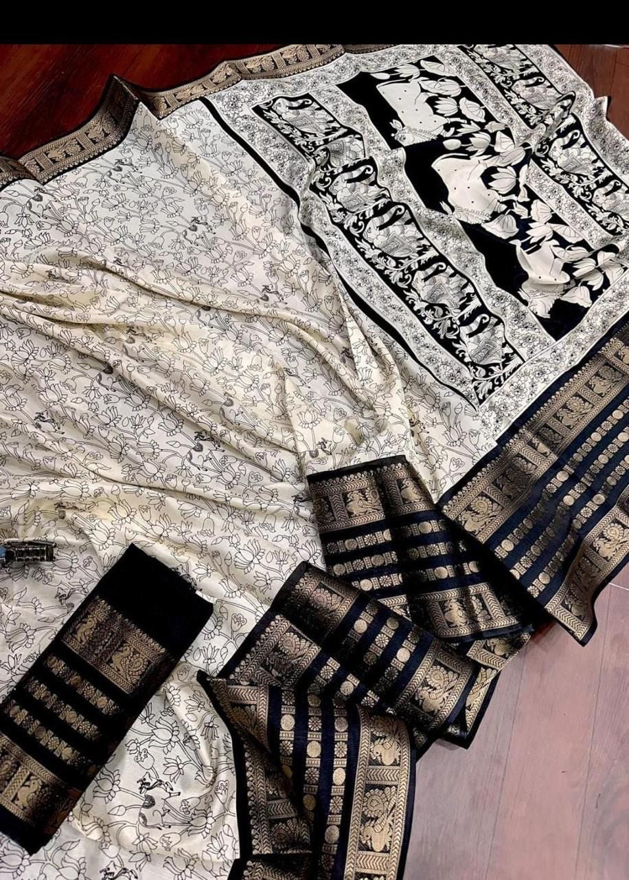 Beautiful Kalamkari Dola Silk Printed Saree With Unstitched Blouse